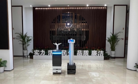 ظهر حارس القضاء على الصورة الرمزية، وروبوت التطهير بالرش IT- Robotics، وروبوت التطهير بالأشعة فوق البنفسجية جنبًا إلى جنب في مدينة هانغتشو